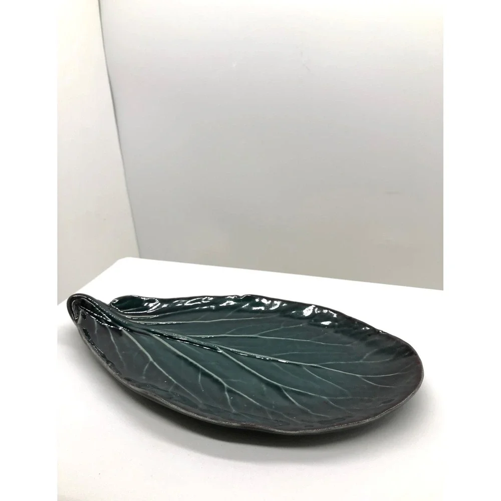 Dark Green Glazed Ceramic‎ Leaf Trinket Dish Botanical Decorative Platter 9 Inch